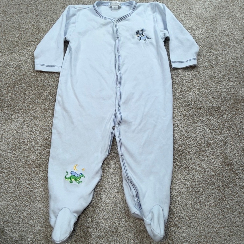 Kissy Kissy Baby Boys Blue Pima Cotton Knight Dragon Footie Pajamas 9M Stained